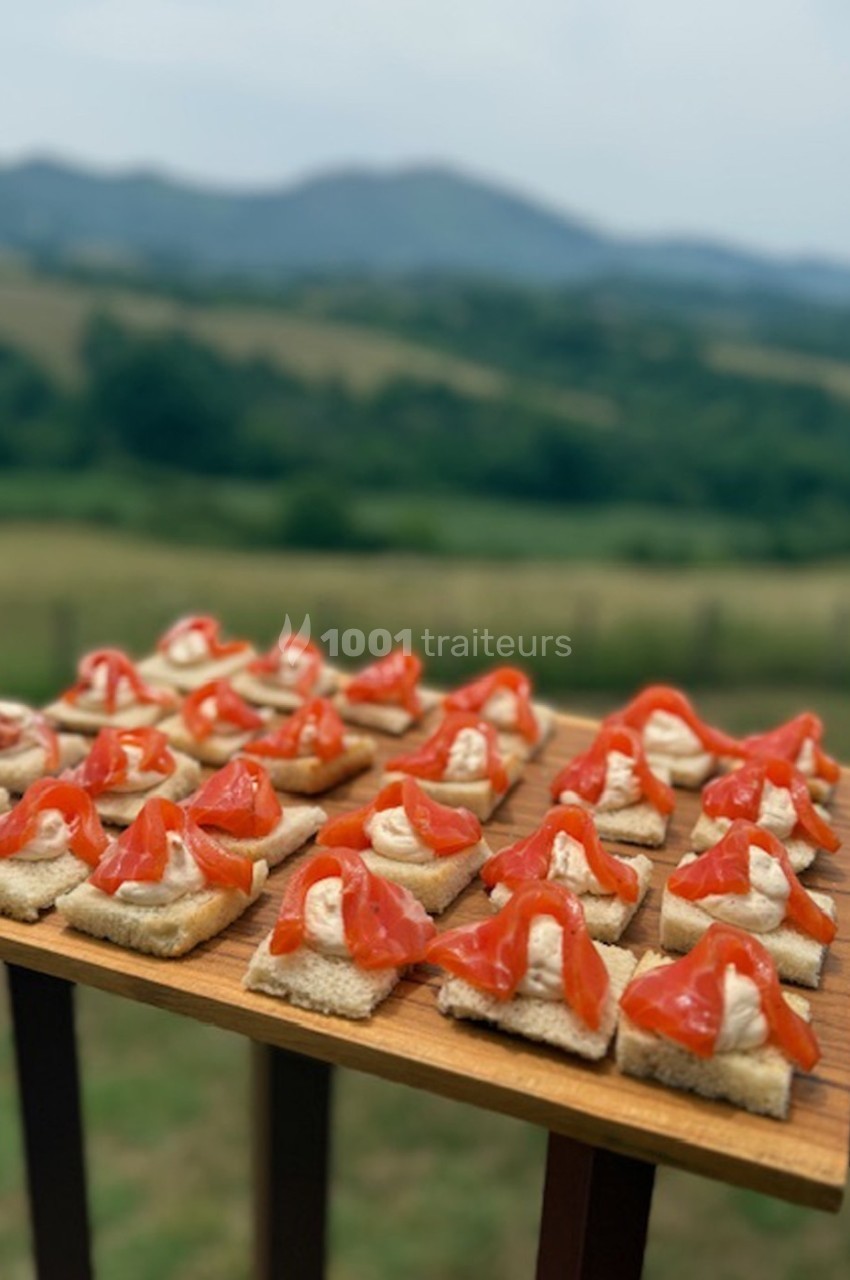 Plateau de toasts garnis de fromage et de lanières de poivron rouge, avec un paysage vallonné en arrière-plan.