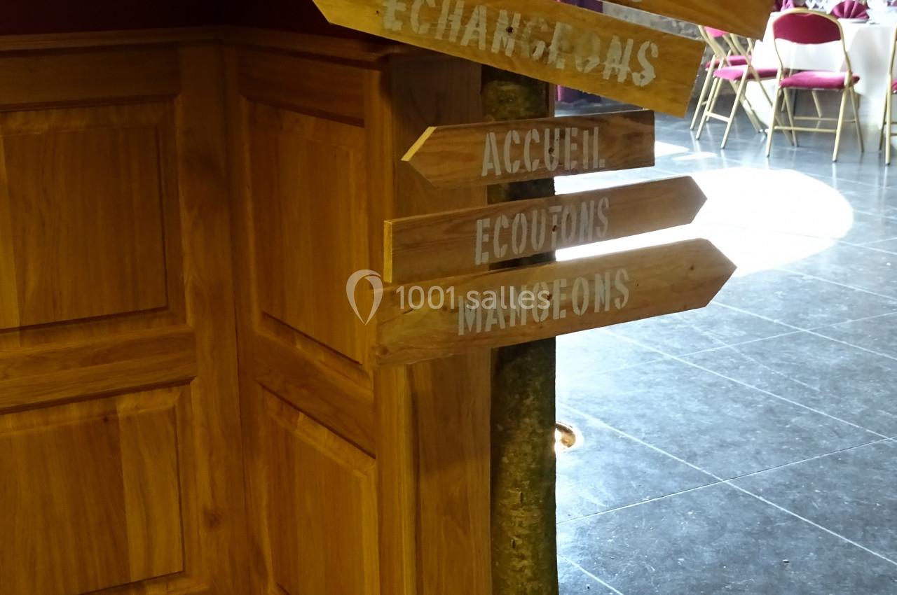 Panneau en bois avec des flèches indiquant des mots comme ’Identifions’, ’Improvisons’, ’Échangeons’, dans une salle.