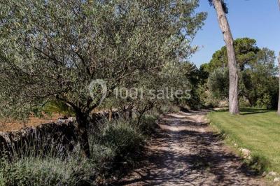 Salle de réception avec une longue table dressée, nappes blanches, vaisselle élégante et décorations florales.