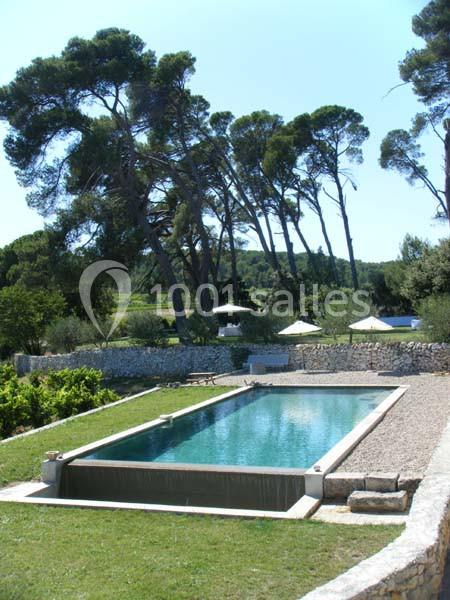 Piscine rectangulaire entourée de pelouse, arbres et murets en pierre dans un cadre naturel.