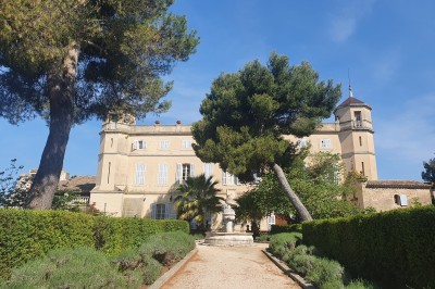 Miniature Location salle Lançon-Provence (Bouches-du-Rhône) - Château de Sénéguier #45 Abri en pierre et bois abritant un ancien lavoir avec deux bassins, entouré de végétation.