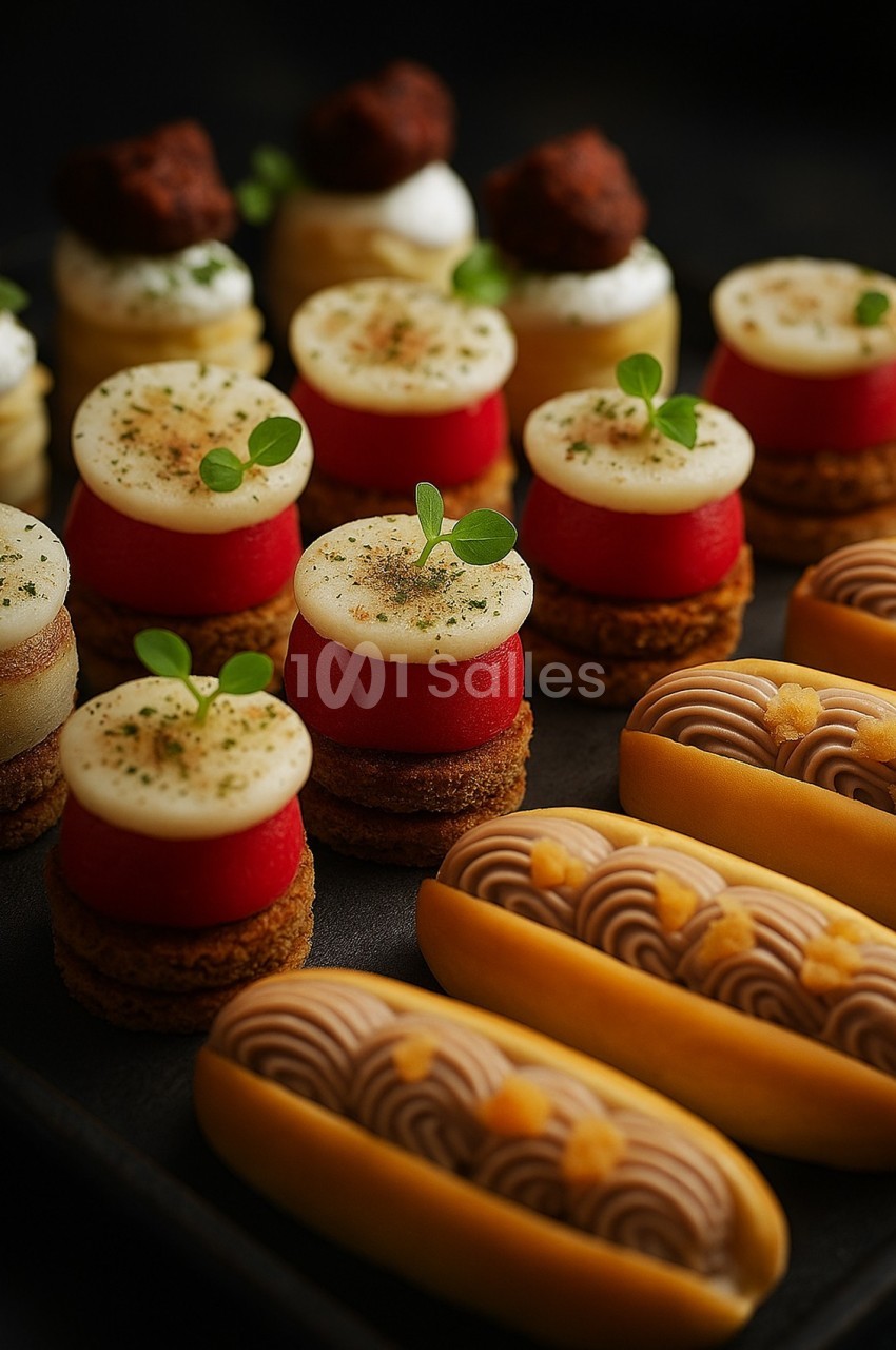 Assortiment de pâtisseries raffinées comprenant des entremets colorés et des éclairs décorés sur un plateau noir.