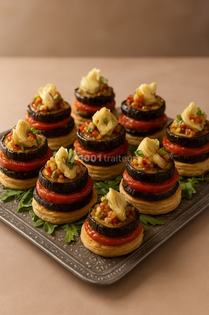 Plateau de bouchées feuilletées garnies de légumes grillés, artichauts et herbes, présenté sur un fond neutre.