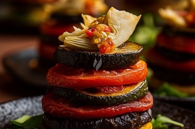 Miniature Traiteur Villeneuve-la-Guyard (Yonne) - 48 Heures Traiteur #13 Gâteau de mariage à quatre étages décoré de rubans violets, fleurs mauves et figurines de mariés au sommet.