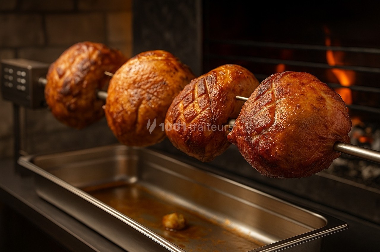 Quatre morceaux de viande rôtissent sur une broche devant un feu, avec un bac en dessous pour recueillir les jus.
