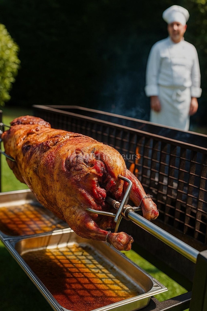Cochon entier rôti à la broche au-dessus de bacs de récupération, avec un chef en arrière-plan près d'un barbecue.