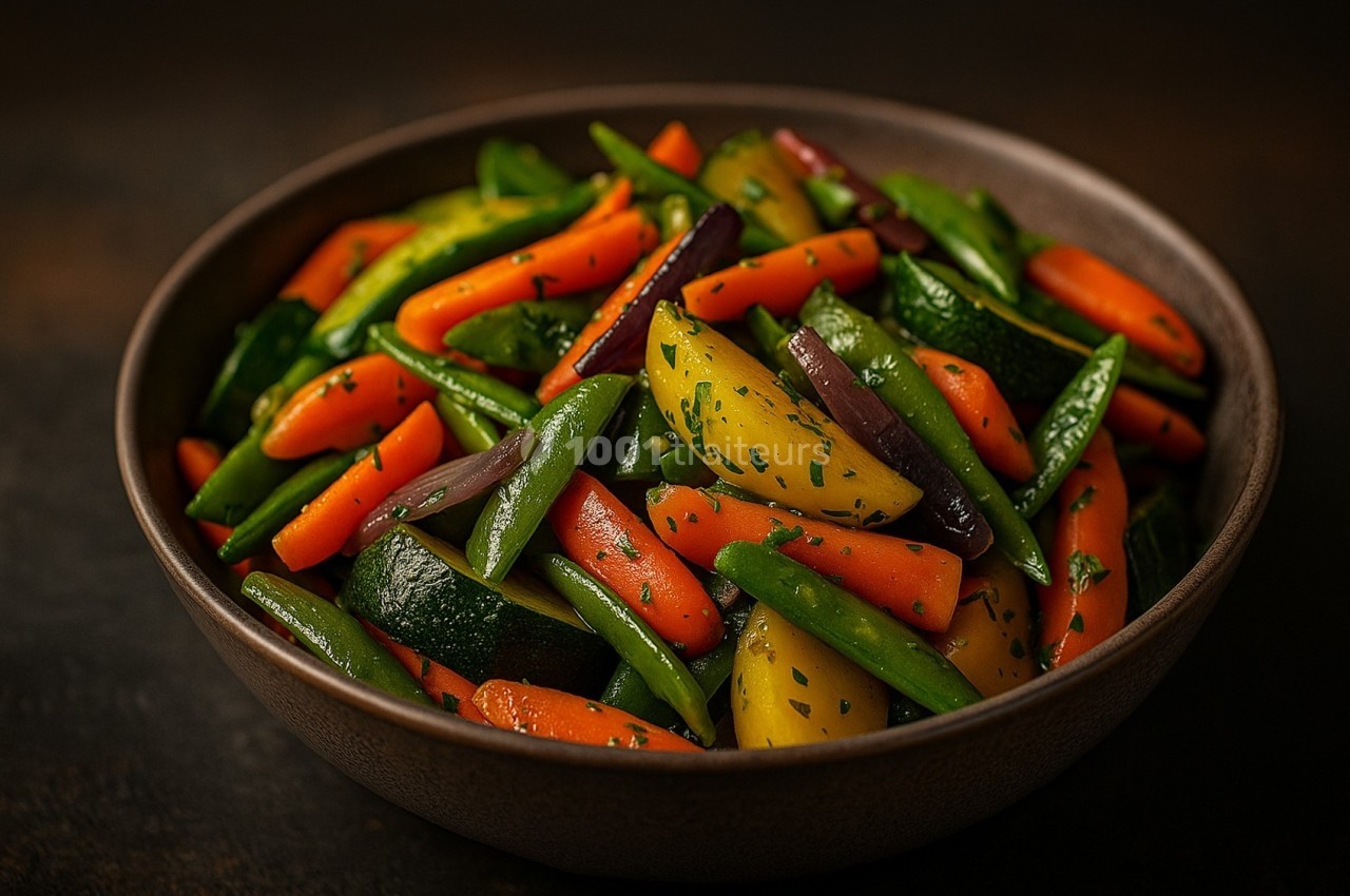 Bol de légumes variés cuits à la vapeur, incluant carottes, courgettes, haricots verts et pommes de terre, garnis d'herbes.