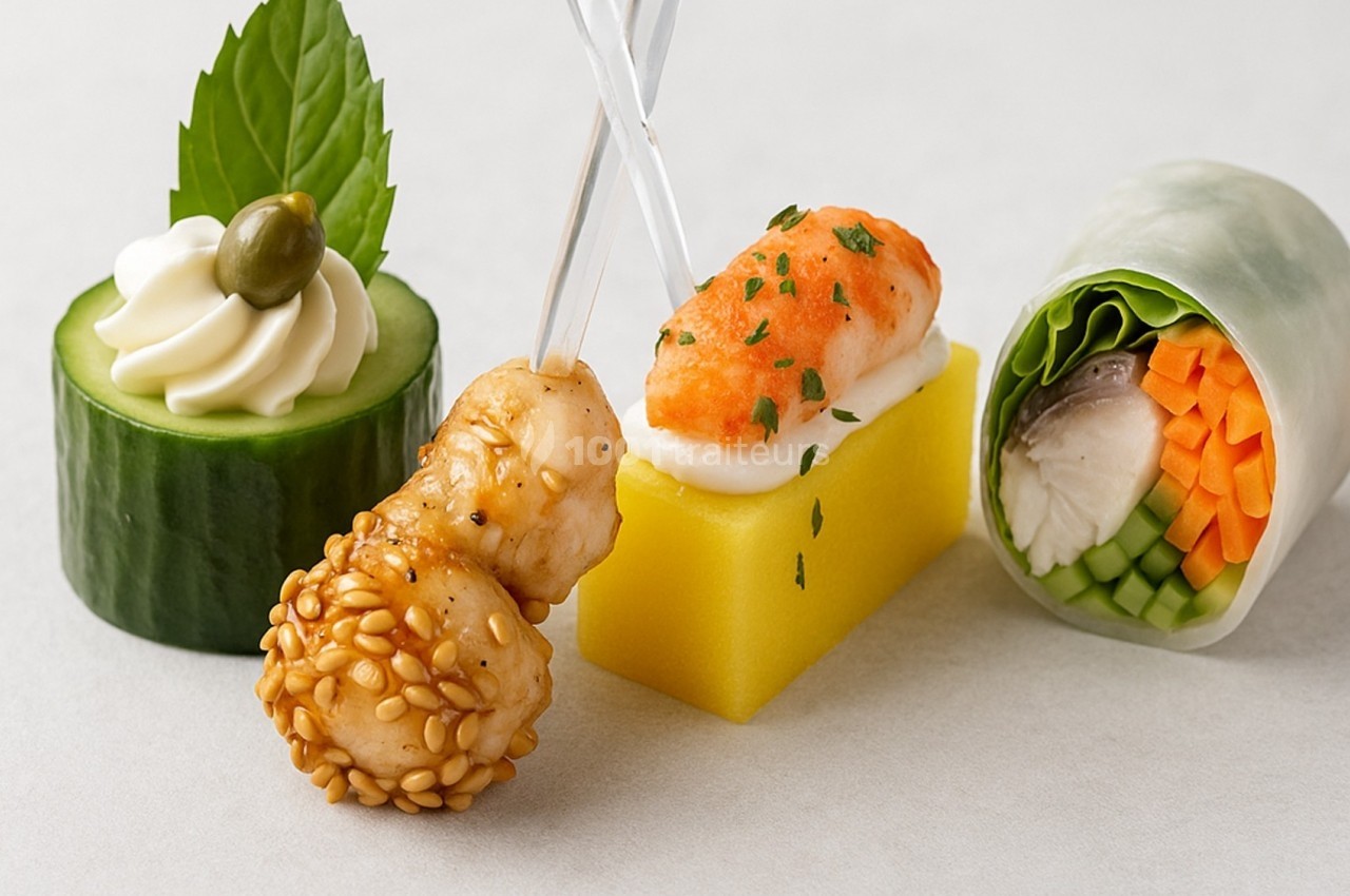 Assortiment de bouchées raffinées comprenant légumes, brochette, saumon et rouleau de printemps sur fond clair.
