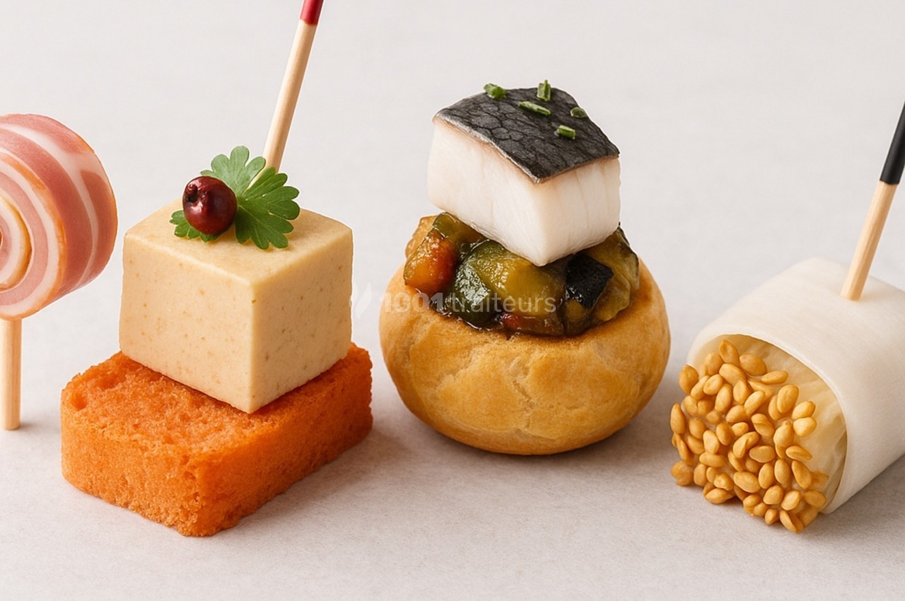 Assortiment de bouchées apéritives raffinées, comprenant légumes, poisson, mousse et garnitures variées.