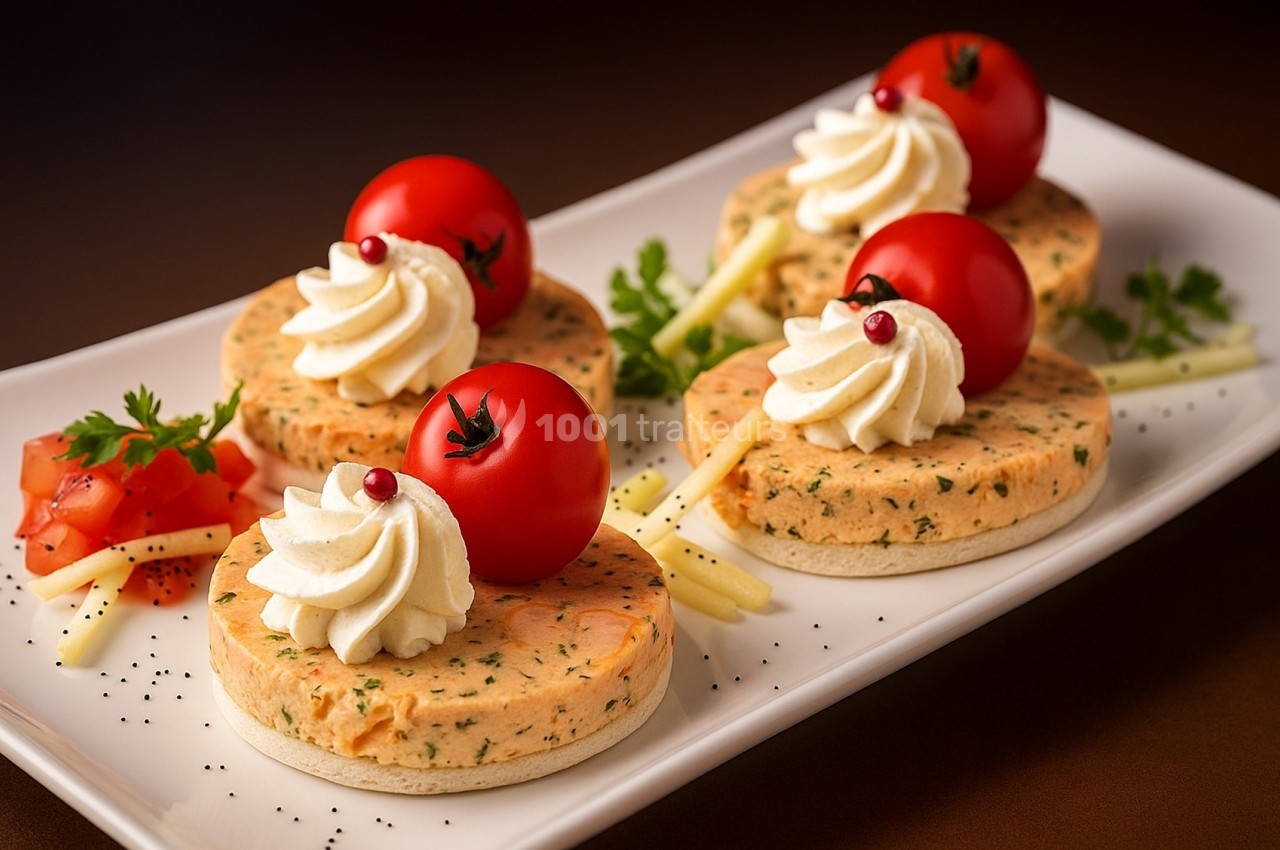 Assiette de médaillons salés garnis de crème, tomates cerises et herbes, présentée sur un plat blanc.