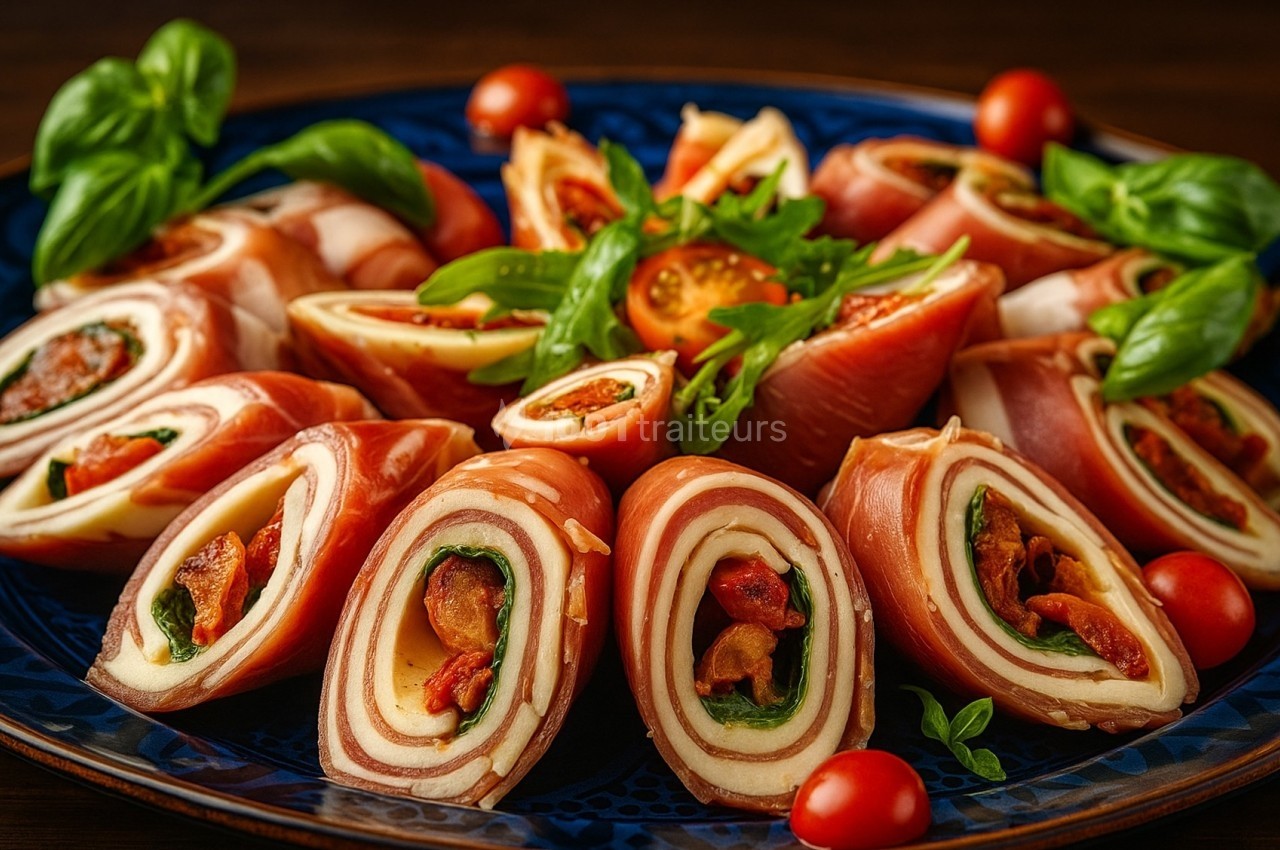 Assiette garnie de roulés de jambon, fromage, tomates séchées et basilic, présentée avec des tomates cerises et des herbes…