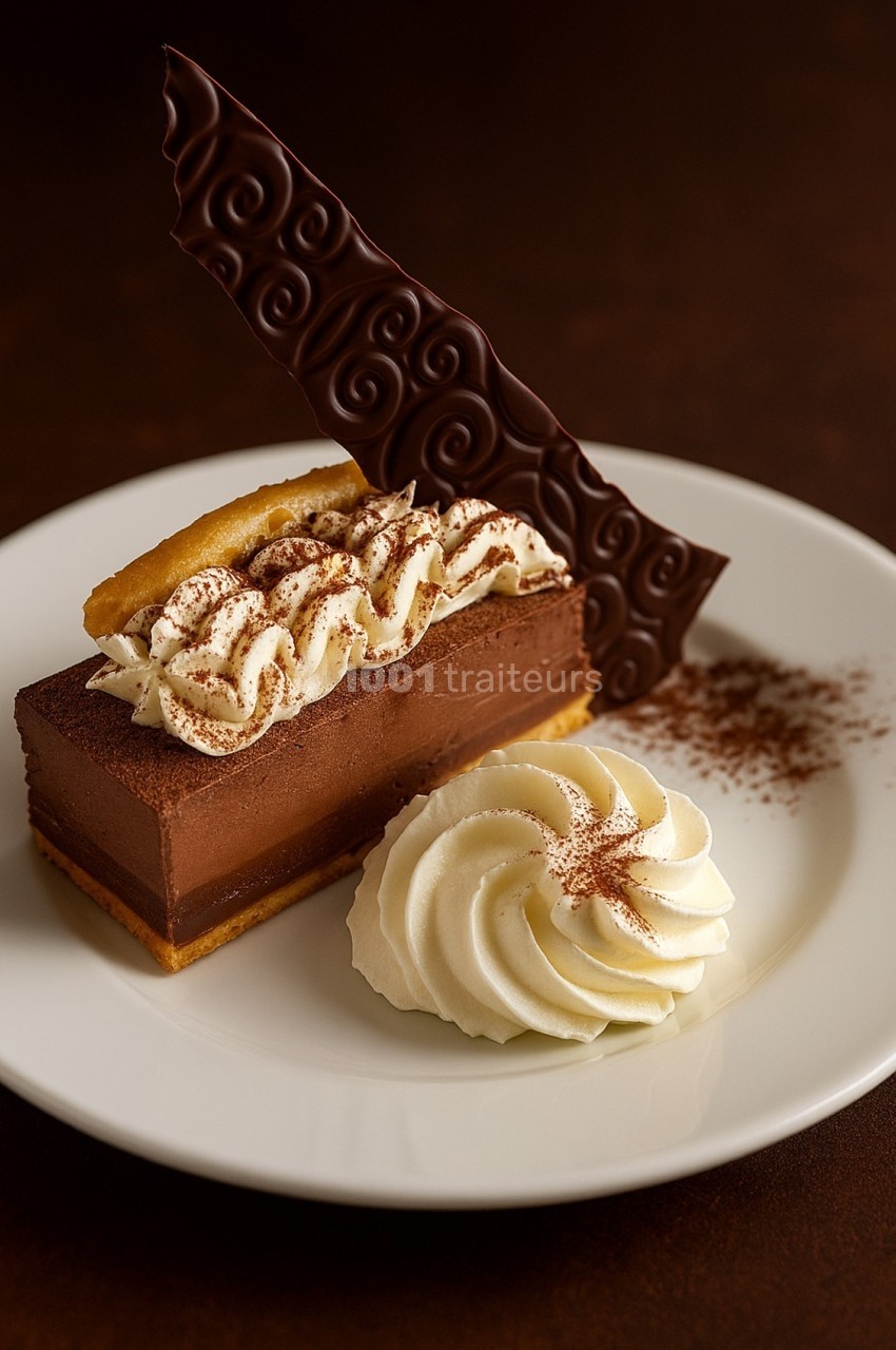 Part de gâteau au chocolat surmontée de chantilly et décorée d'une plaque en chocolat, servie avec une rosette de crème.