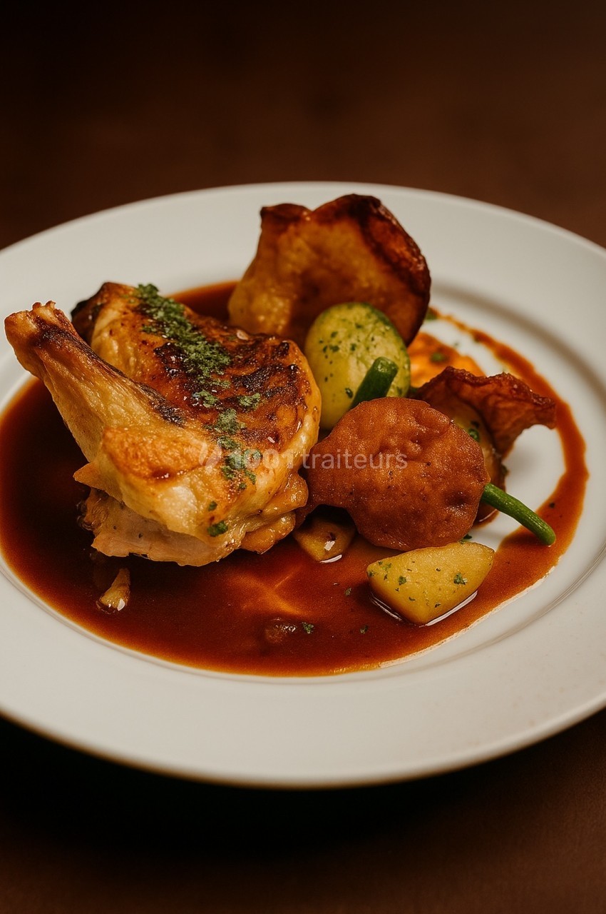 Assiette de poulet rôti avec pommes de terre, légumes verts et sauce brune, servie sur une table en bois.