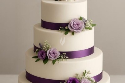 Miniature Traiteur Villeneuve-la-Guyard (Yonne) - 48 Heures Traiteur #42 Gâteau de mariage à quatre étages décoré de rubans violets, fleurs mauves et figurines de mariés au sommet.