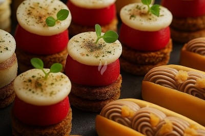 Assiette gastronomique avec tranches de poisson, agrumes, radis, croustillant décoratif et points de sauce balsamique.