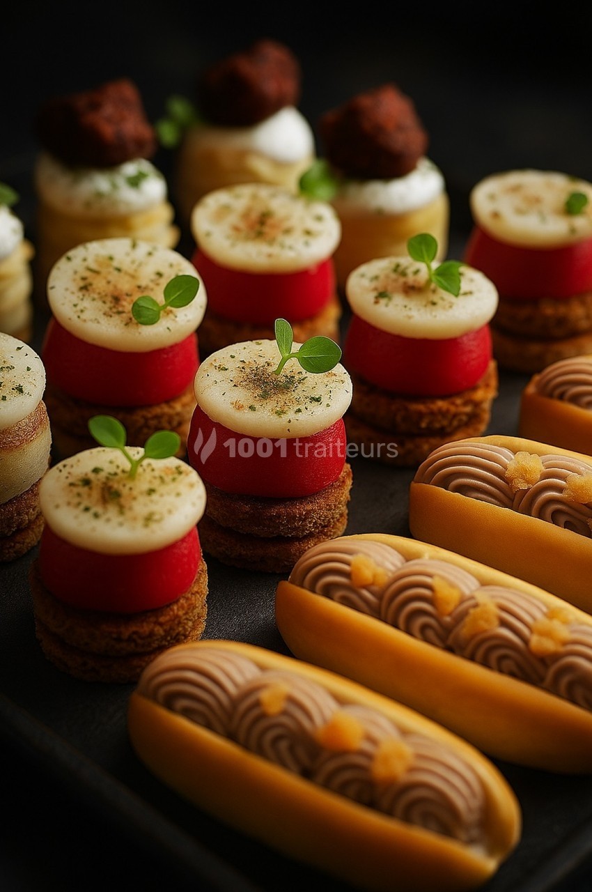Assortiment de pâtisseries raffinées comprenant des entremets colorés et des éclairs décorés sur un plateau noir.
