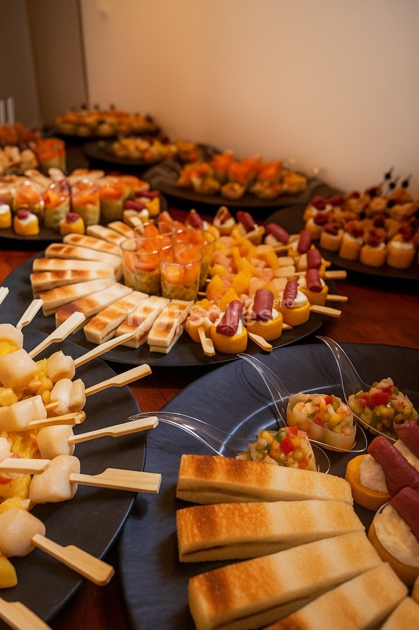 Plateaux de bouchées apéritives variées, comprenant brochettes, verrines et toasts, disposés sur une table en bois.