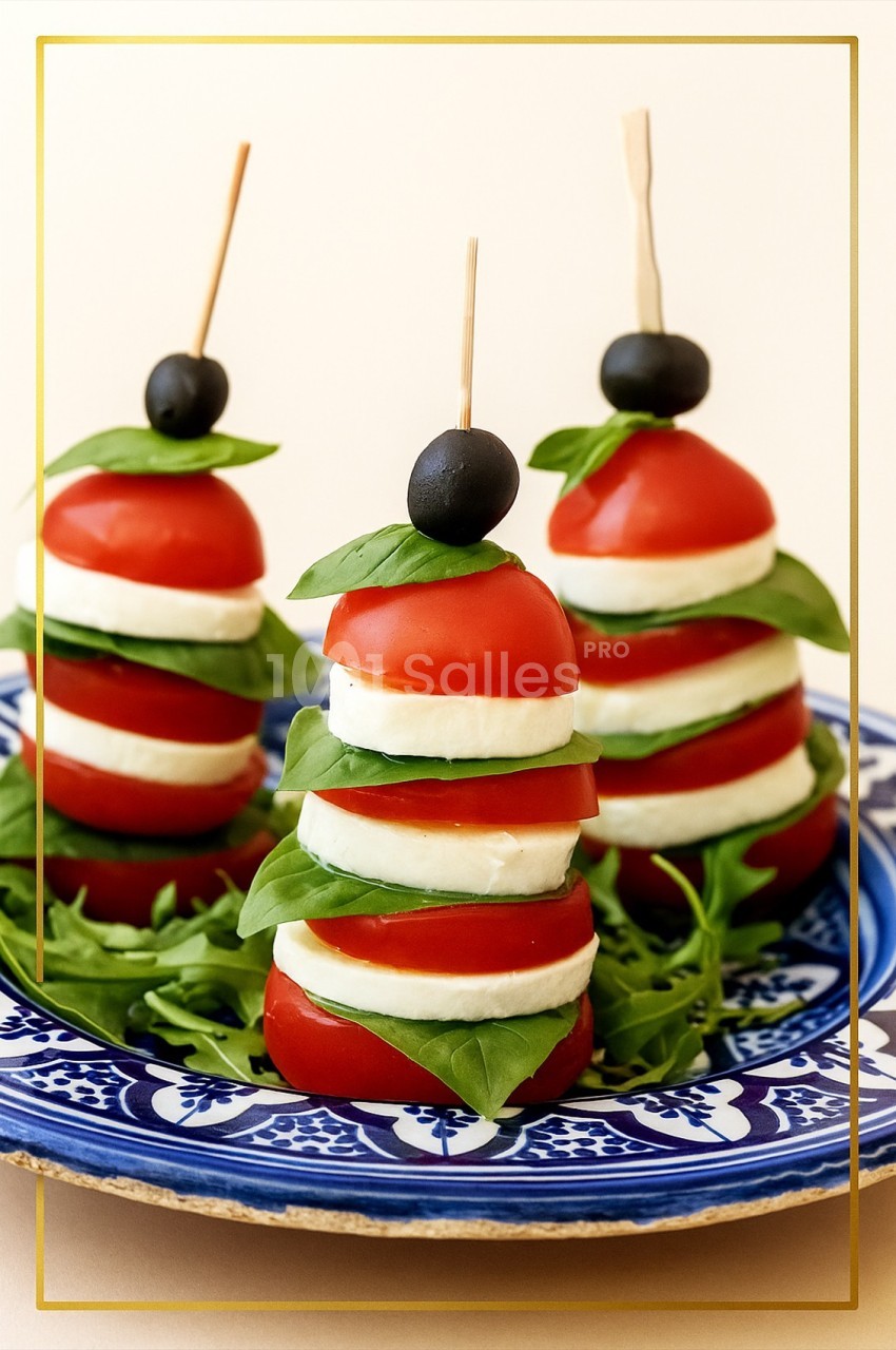 Brochettes de tomates, mozzarella, basilic et olives noires, servies sur un lit de roquette dans une assiette décorative.