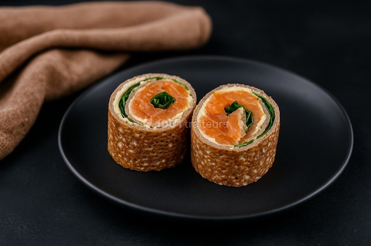 Deux roulés de crêpes garnis de saumon fumé et de feuilles vertes, présentés sur une assiette noire.