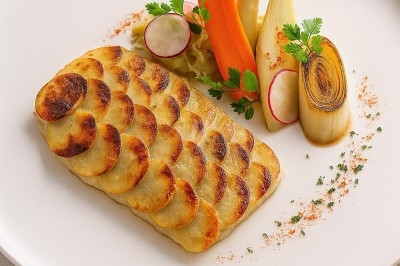 Assiette gastronomique avec tranches de poisson, agrumes, radis, croustillant décoratif et points de sauce balsamique.