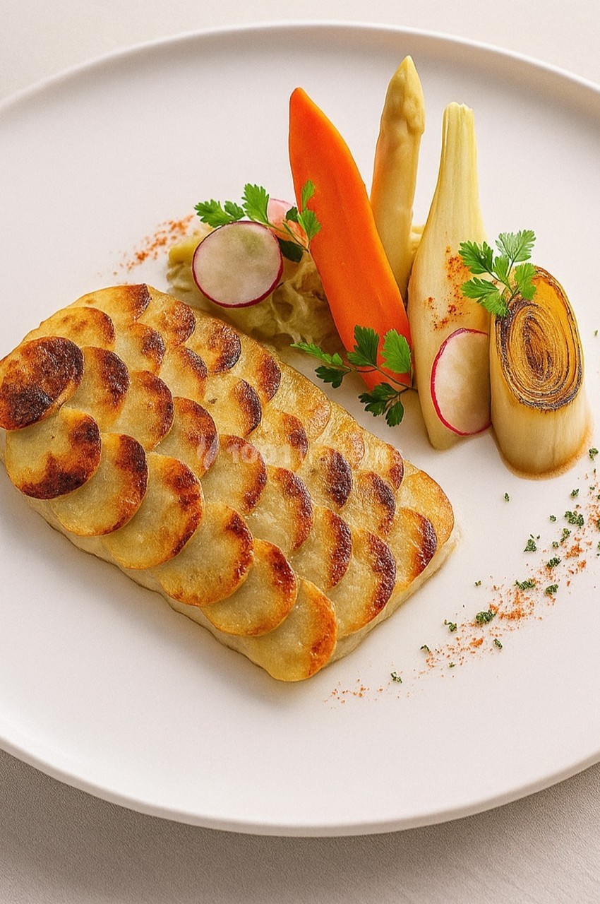 Assiette gastronomique avec gratin de pommes de terre en écailles, légumes racines et herbes fraîches.