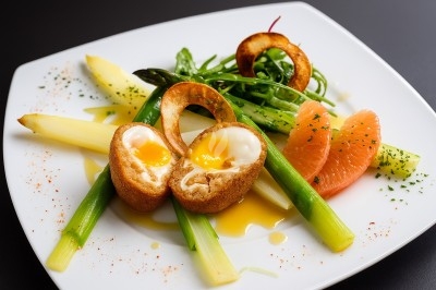 Assiette gastronomique avec tranches de poisson, agrumes, radis, croustillant décoratif et points de sauce balsamique.