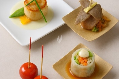 Assiette gastronomique avec tranches de poisson, agrumes, radis, croustillant décoratif et points de sauce balsamique.