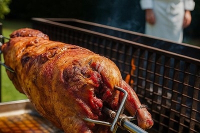 Assiette gastronomique avec tranches de poisson, agrumes, radis, croustillant décoratif et points de sauce balsamique.