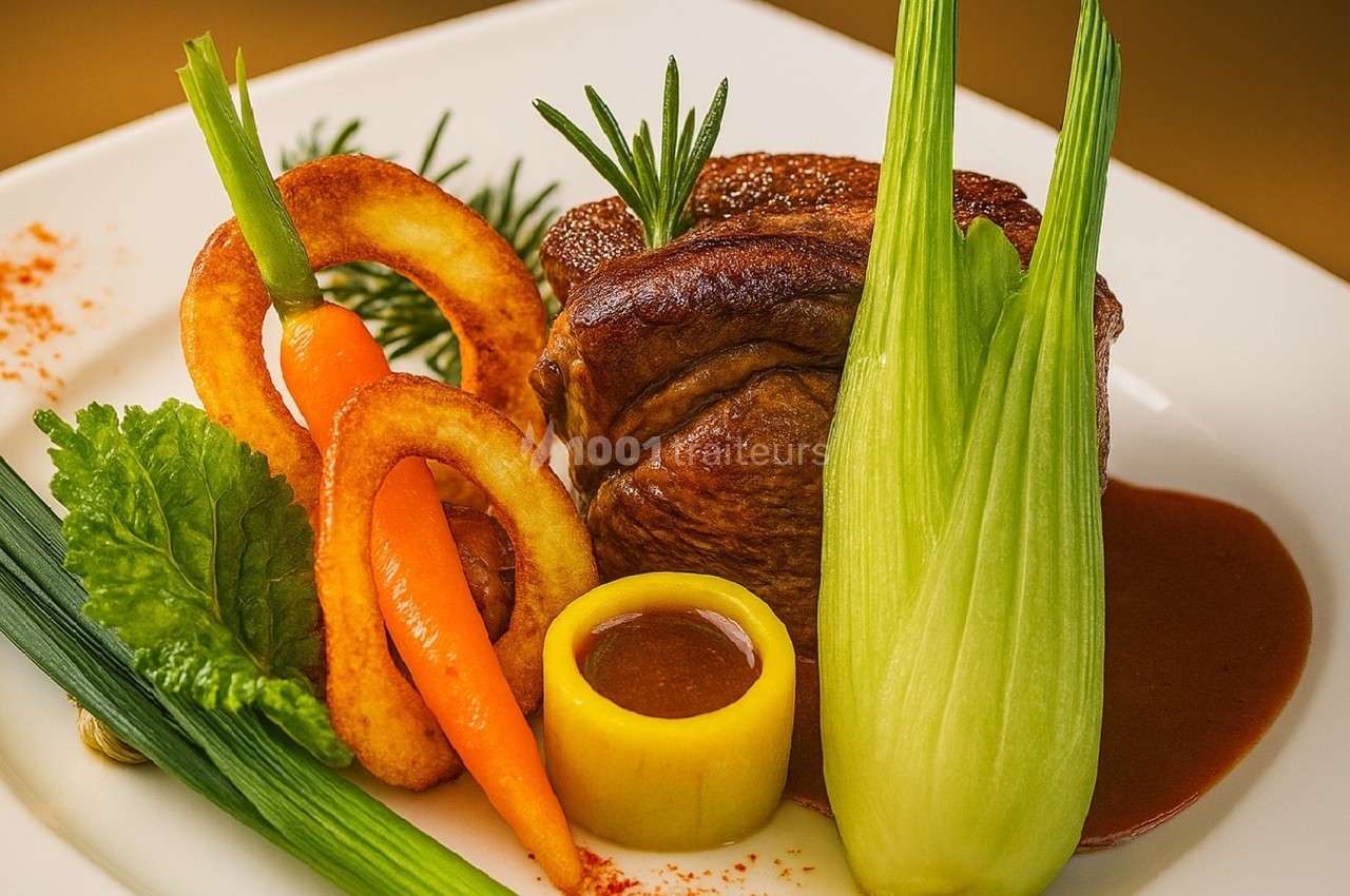 Assiette gastronomique avec filet de viande, légumes colorés, sauce et présentation soignée sur une assiette blanche.