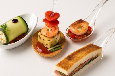 Assiette gastronomique avec tranches de poisson, agrumes, radis, croustillant décoratif et points de sauce balsamique.