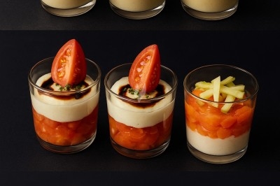 Assiette gastronomique avec tranches de poisson, agrumes, radis, croustillant décoratif et points de sauce balsamique.