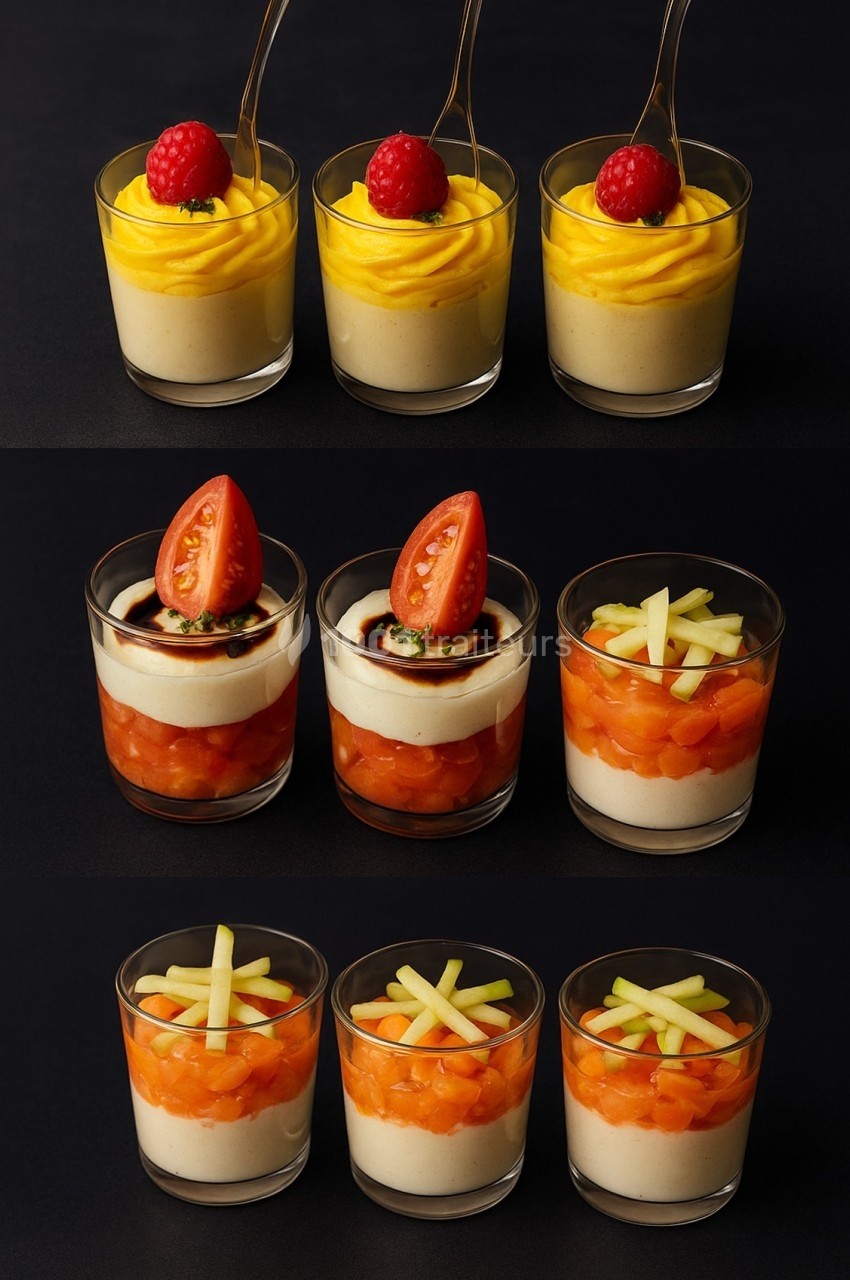 Trois rangées de verrines : mousse jaune avec framboise, légumes et tomate, tartare de saumon avec bâtonnets de pomme.