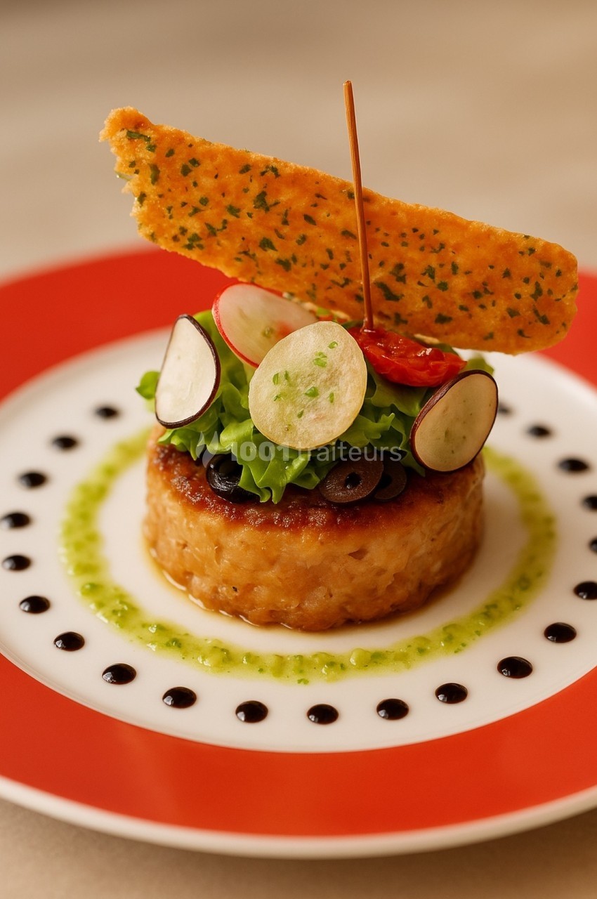 Plat gastronomique composé d'un tartare, légumes frais, olives, radis, tomate, et une tuile croustillante en décoration.