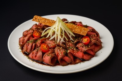 Assiette gastronomique avec tranches de poisson, agrumes, radis, croustillant décoratif et points de sauce balsamique.