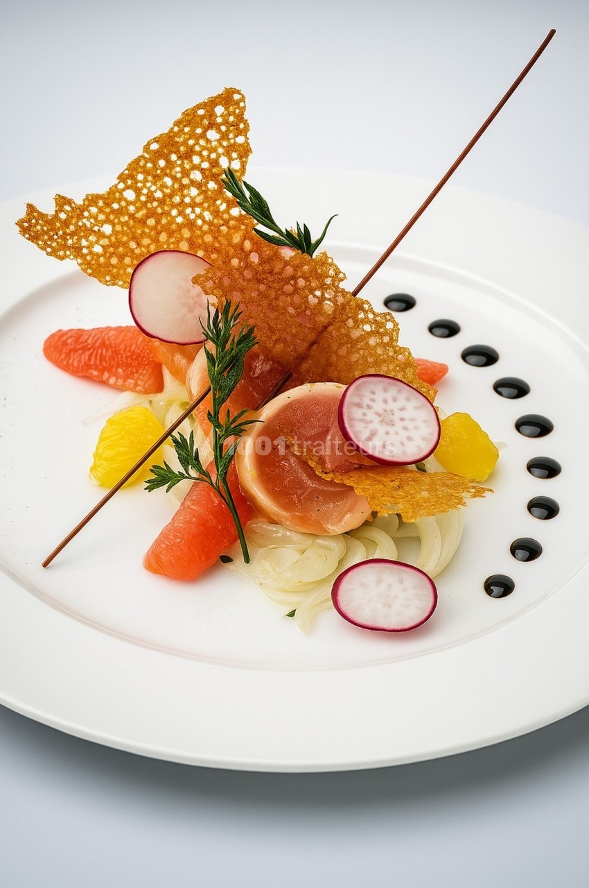 Assiette gastronomique avec tranches de poisson, agrumes, radis, croustillant décoratif et points de sauce balsamique.