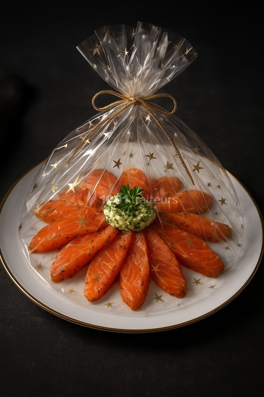Tranches de saumon fumé disposées en éventail sur une assiette, décorées d'une noix de beurre aux herbes et emballées dans…