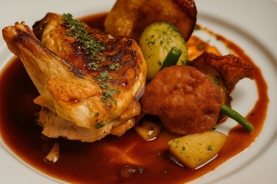 Assiette gastronomique avec tranches de poisson, agrumes, radis, croustillant décoratif et points de sauce balsamique.