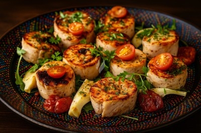 Assiette gastronomique avec tranches de poisson, agrumes, radis, croustillant décoratif et points de sauce balsamique.