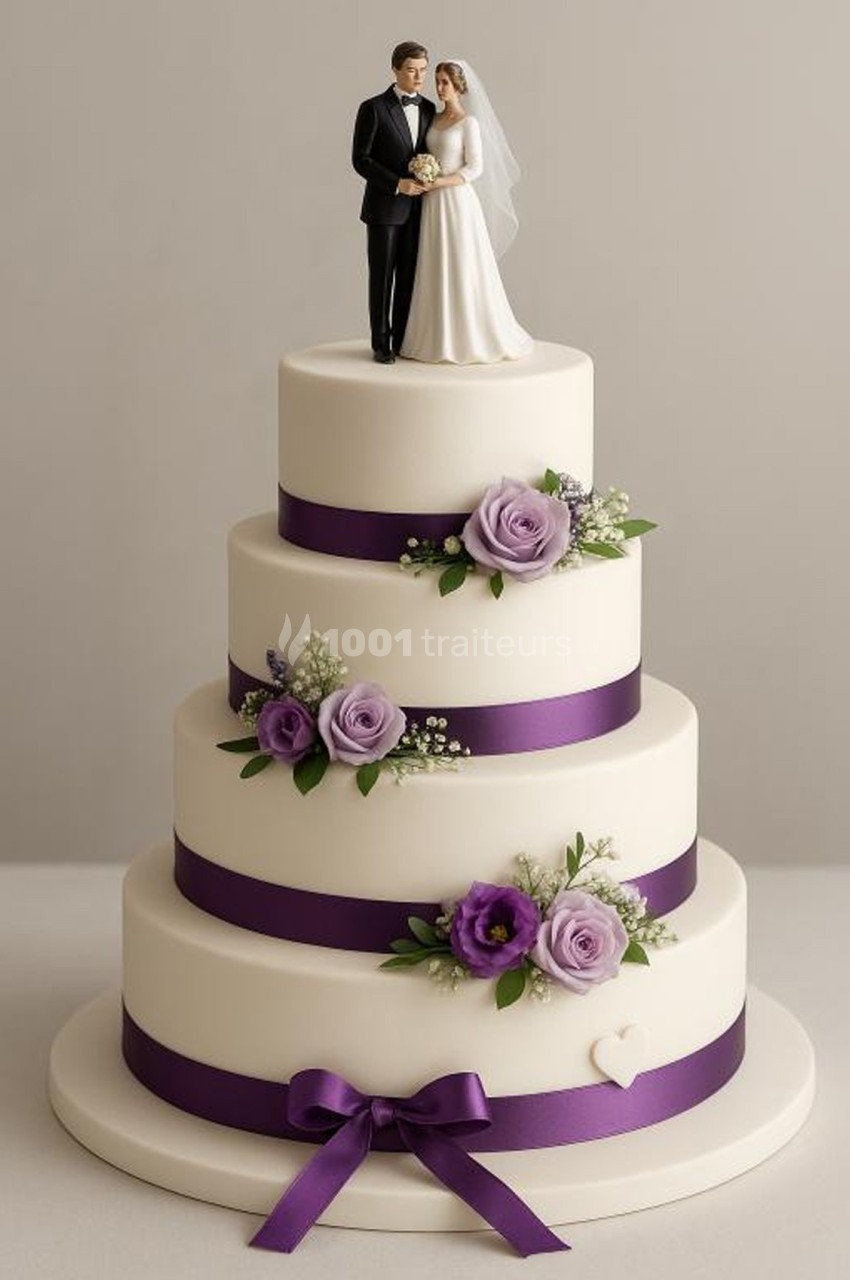 Gâteau de mariage à quatre étages décoré de rubans violets, fleurs mauves et figurines de mariés au sommet.
