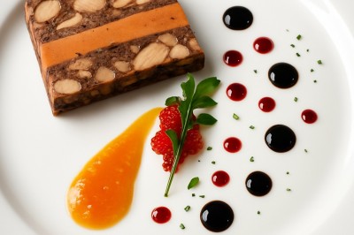 Assiette gastronomique avec tranches de poisson, agrumes, radis, croustillant décoratif et points de sauce balsamique.