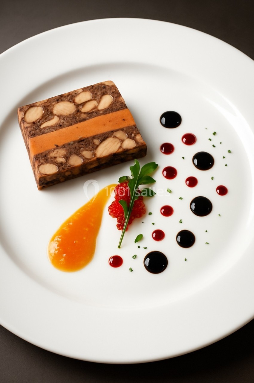Terrine aux fruits secs et noix, accompagnée de sauce orange, coulis décoratifs et garniture de roquette.