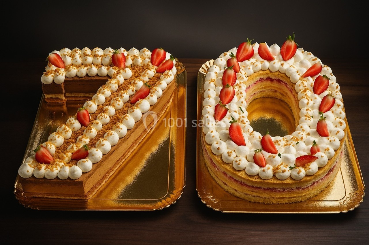 Gâteau en forme de ’70’ décoré de crème, fraises et meringues, présenté sur des plateaux dorés.