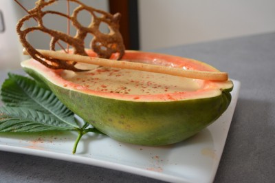 Assiette gastronomique avec tranches de poisson, agrumes, radis, croustillant décoratif et points de sauce balsamique.