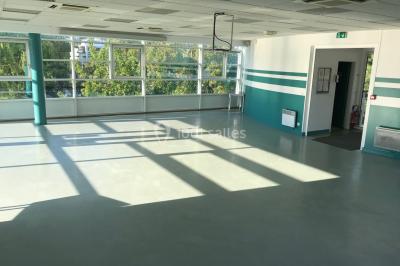 Salle vide avec sol clair, murs verts et blancs, grandes fenêtres, éclairage au plafond et mobilier minimal.