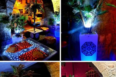 Assiette garnie de légumes variés, morceaux de viande et sauce rouge au centre, présentée sur un lit de salade.