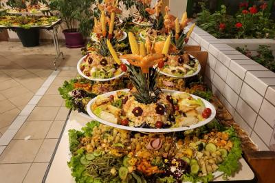 Assiette garnie de légumes variés, morceaux de viande et sauce rouge au centre, présentée sur un lit de salade.