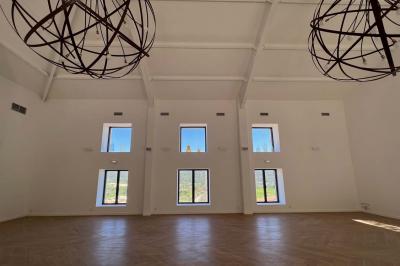 Bouteille de vin rosé entourée de verres vides sur une table en bois, avec une plante en arrière-plan.