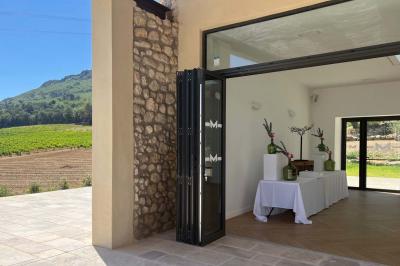 Bouteille de vin rosé entourée de verres vides sur une table en bois, avec une plante en arrière-plan.