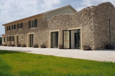 Bouteille de vin rosé entourée de verres vides sur une table en bois, avec une plante en arrière-plan.