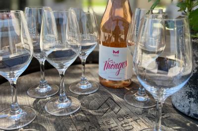 Bouteille de vin rosé entourée de verres vides sur une table en bois, avec une plante en arrière-plan.
